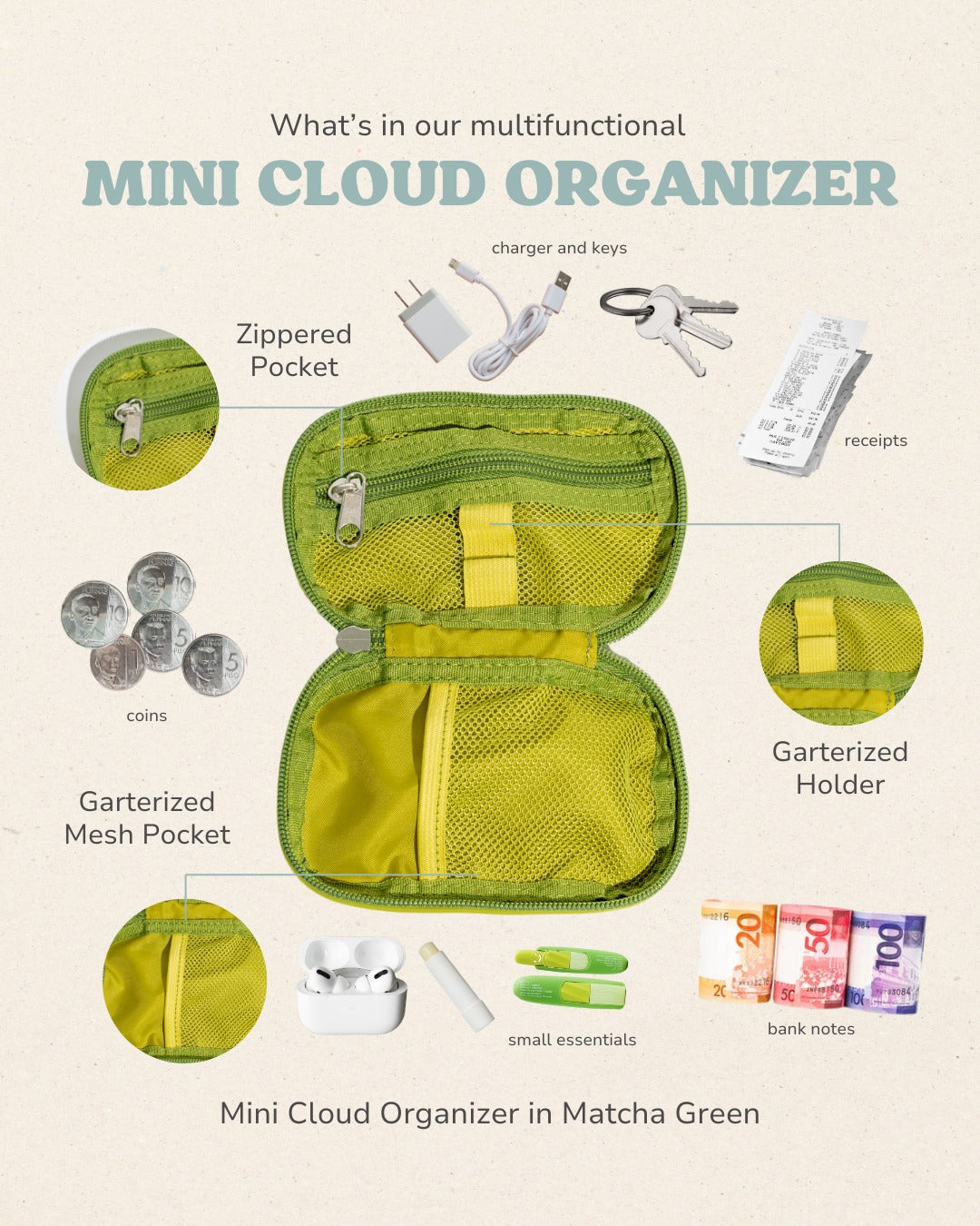 Mini Cloud Organizer Keychain - Matcha Green